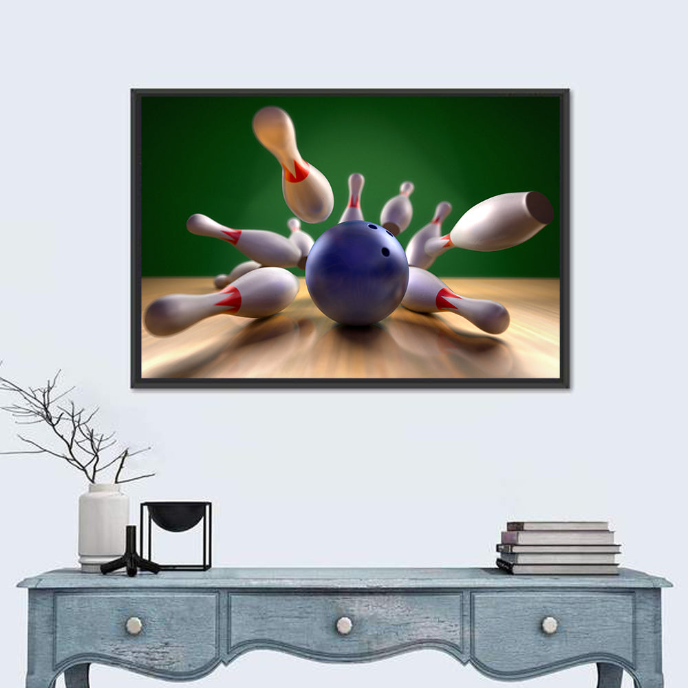Blue Bowling Ball Hitting Pins Wall Art