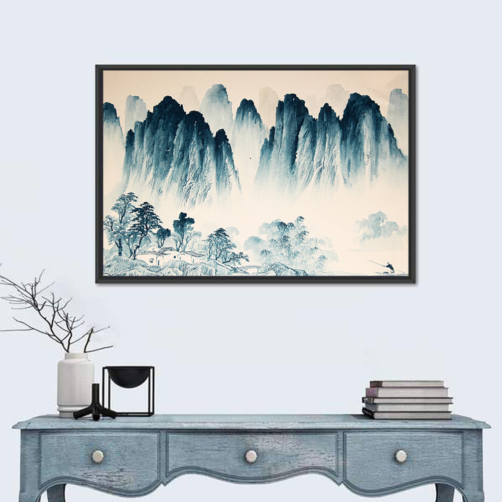 Misty Mountain with Fisherman Wall Art in a room, landscape