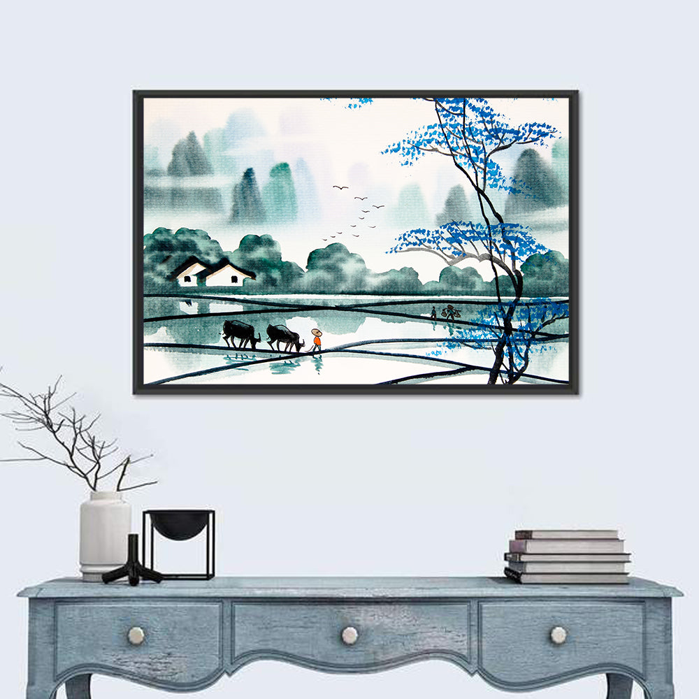 Blue Tree Over Rice Paddies Wall Art in a room, landscape
