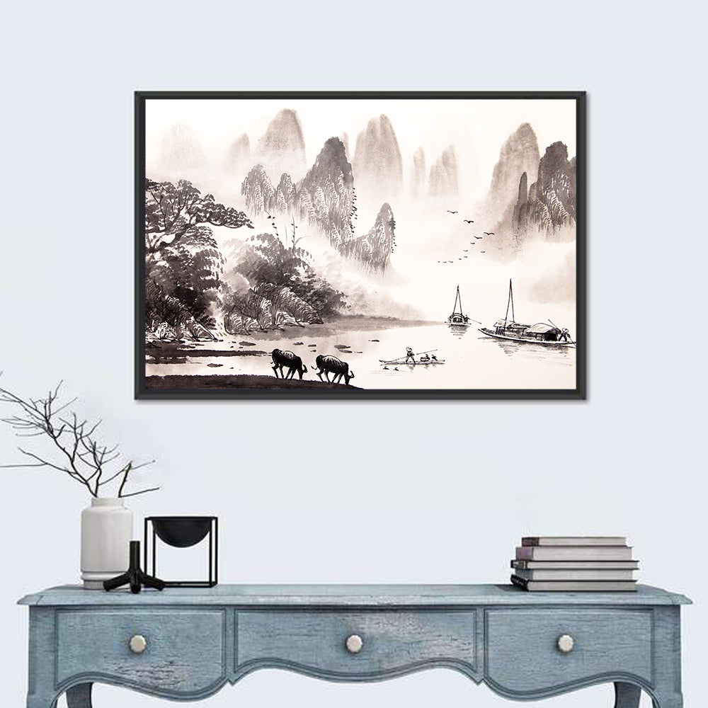 Misty Mountain Ink Wash Landscape Wall Art in a room, landscape