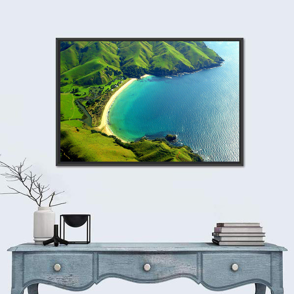 Taupo Bay Aerial View Wall Art in a room, landscape