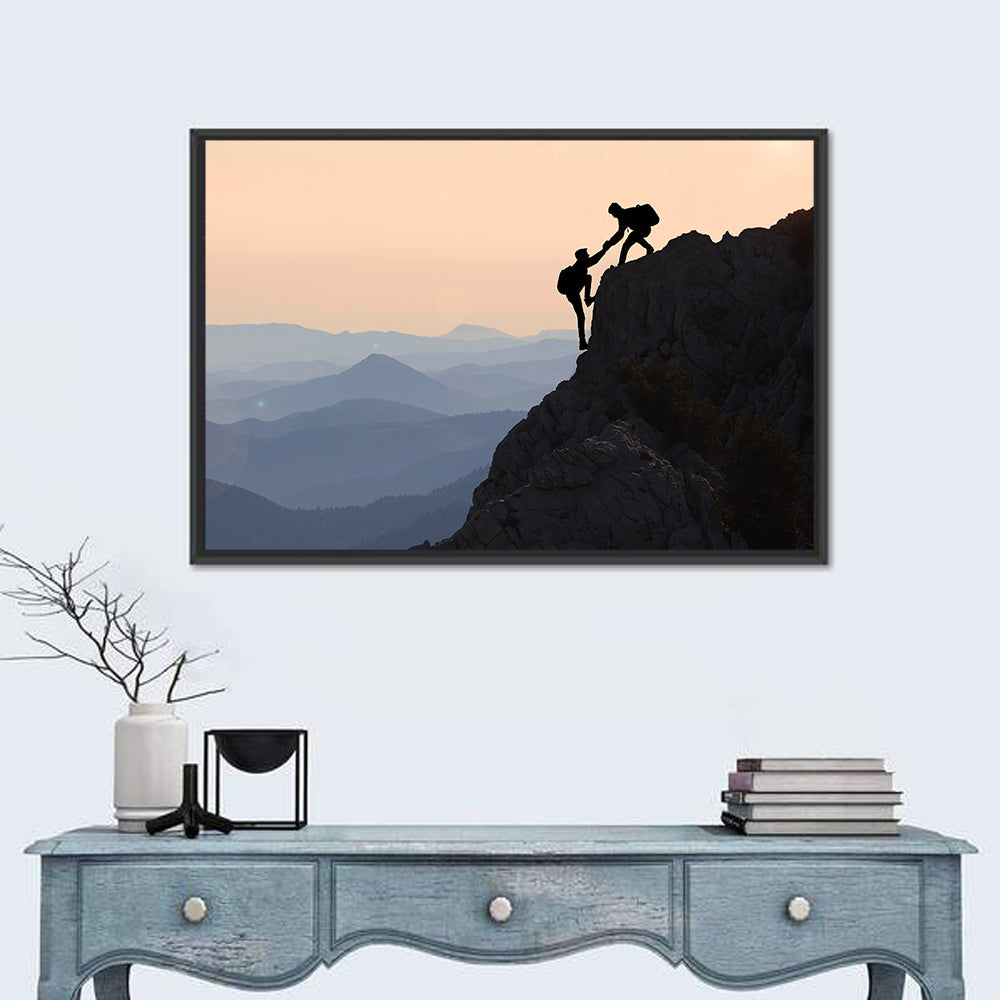 Sunset Mountaineering Silhouette Wall Art in a room, landscape