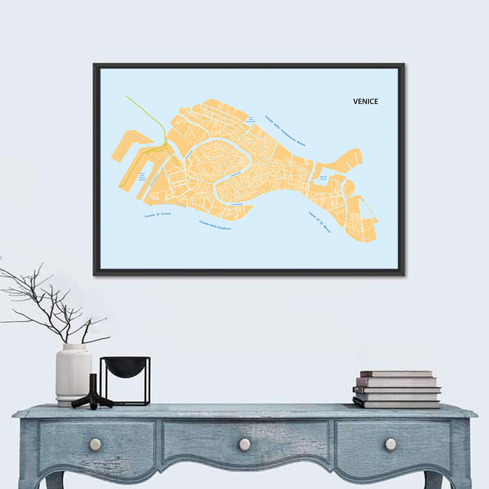 Venice Canal Map, Light Blue and Orange Wall Art in a room, landscape