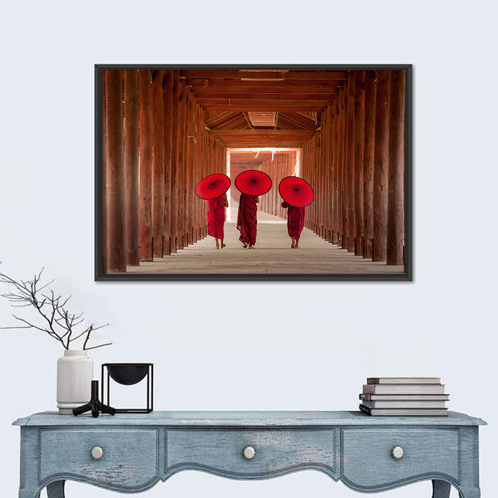 Novice Monks with Red Umbrellas Wall Art in a room, landscape