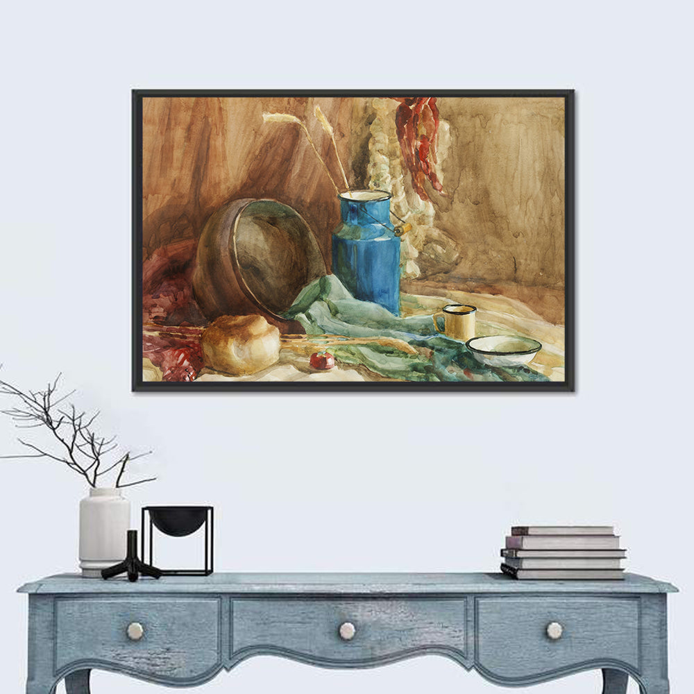 Blue Milk Can Watercolor Still Life Wall Art in a room, landscape