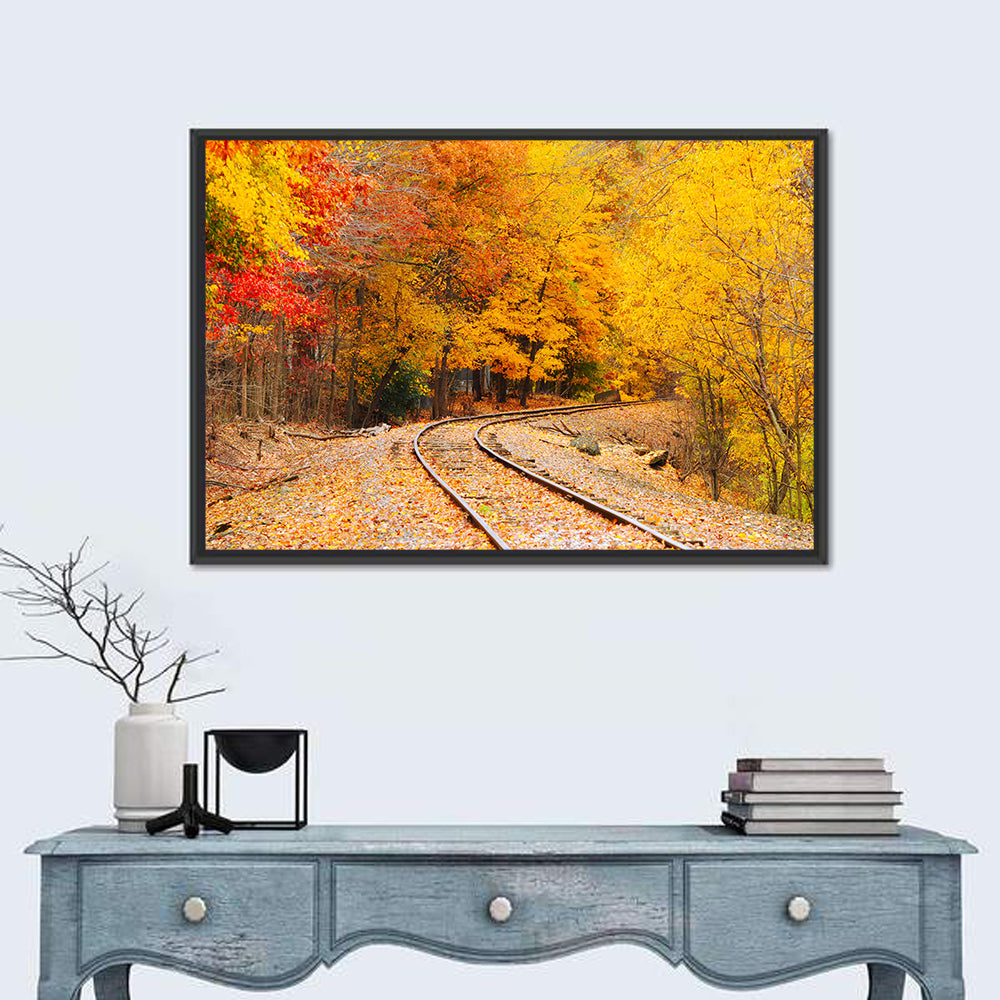 Curving Railroad Through Autumn Forest Wall Art in a room, landscape