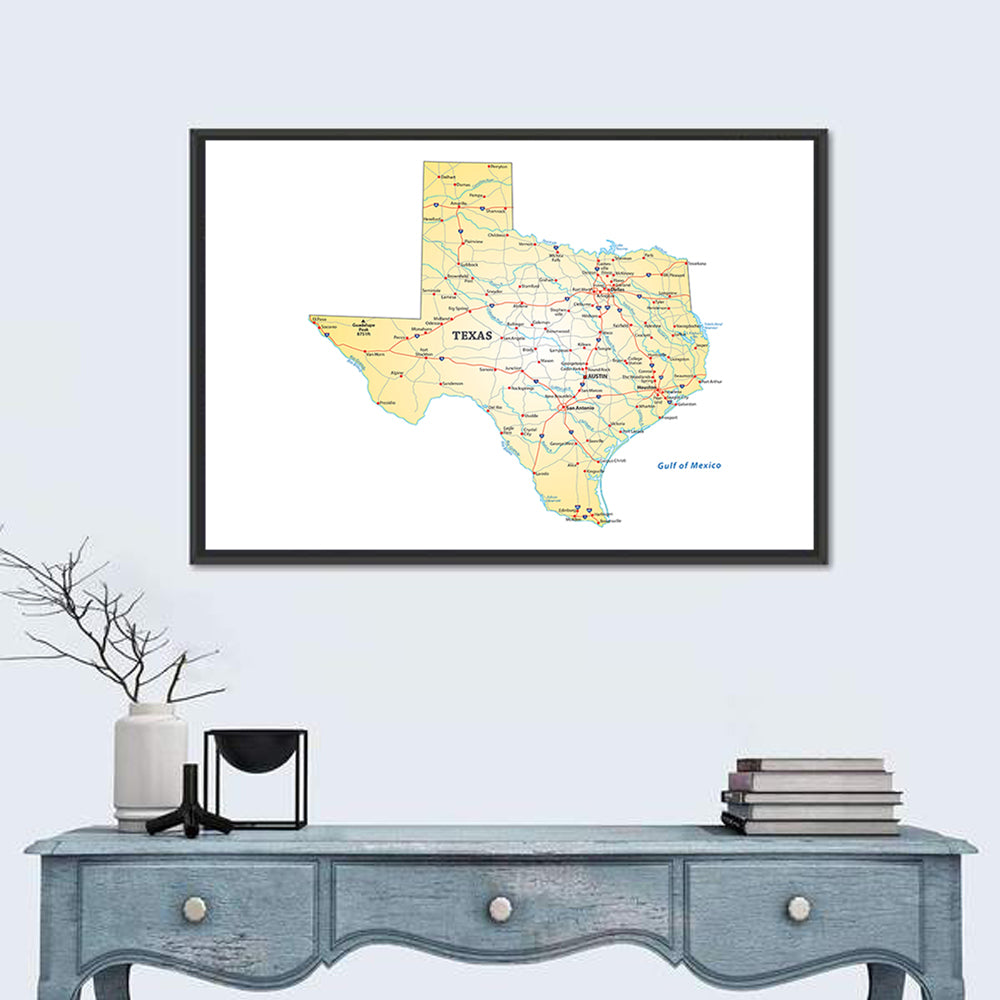 Texas Road Map Illustration Wall Art in a room, landscape
