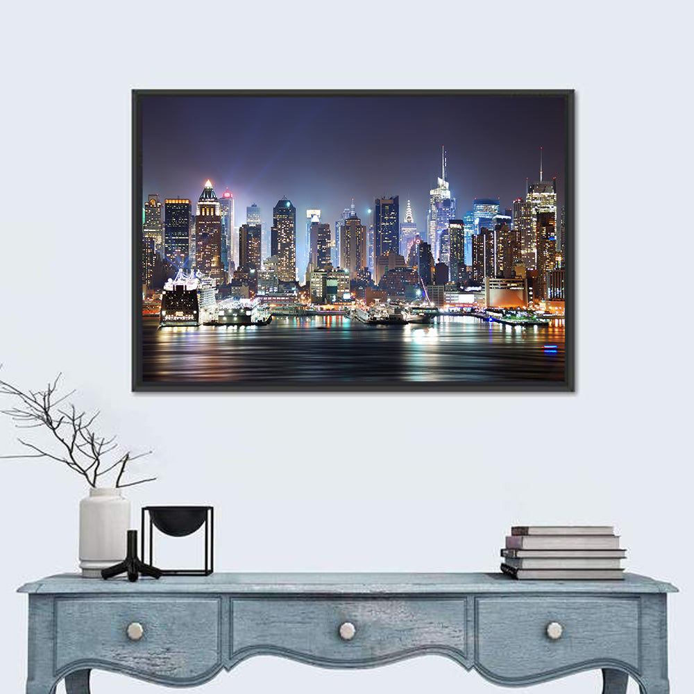 Manhattan Night Skyline Wall Art in a room, landscape