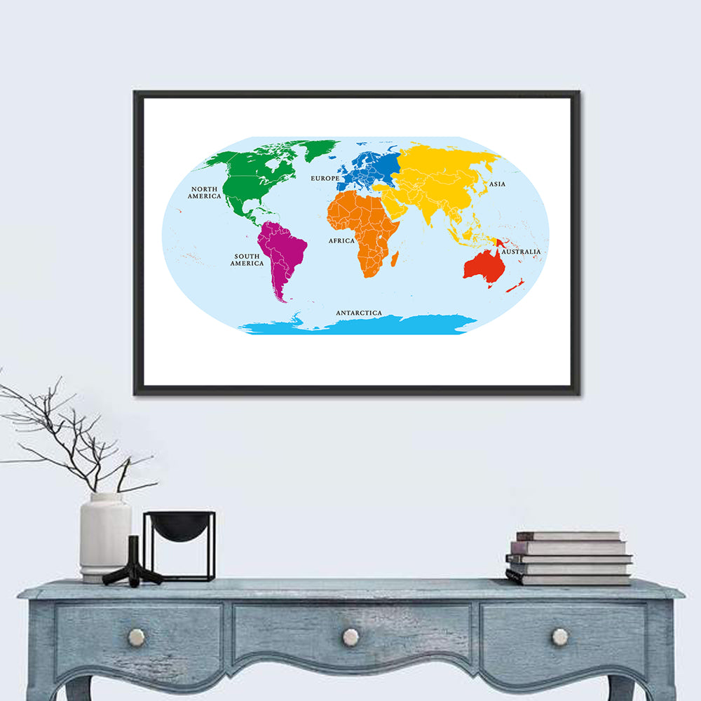 Color-coded Seven Continents Map Wall Art