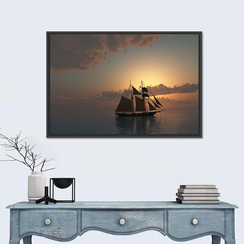 Sunset On Sea With Schooner Ship Wall Art