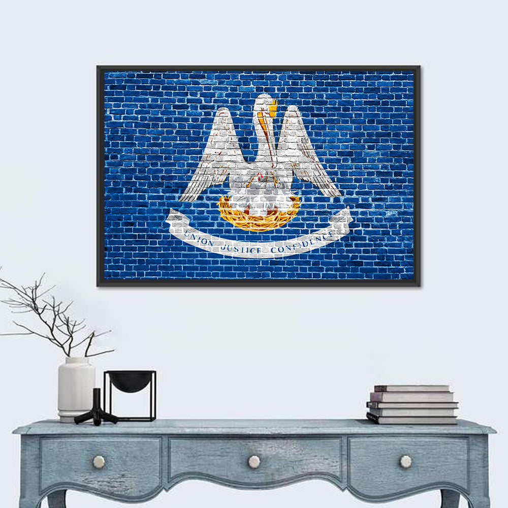 Vintage Louisiana Flag Wall Art in a room, landscape