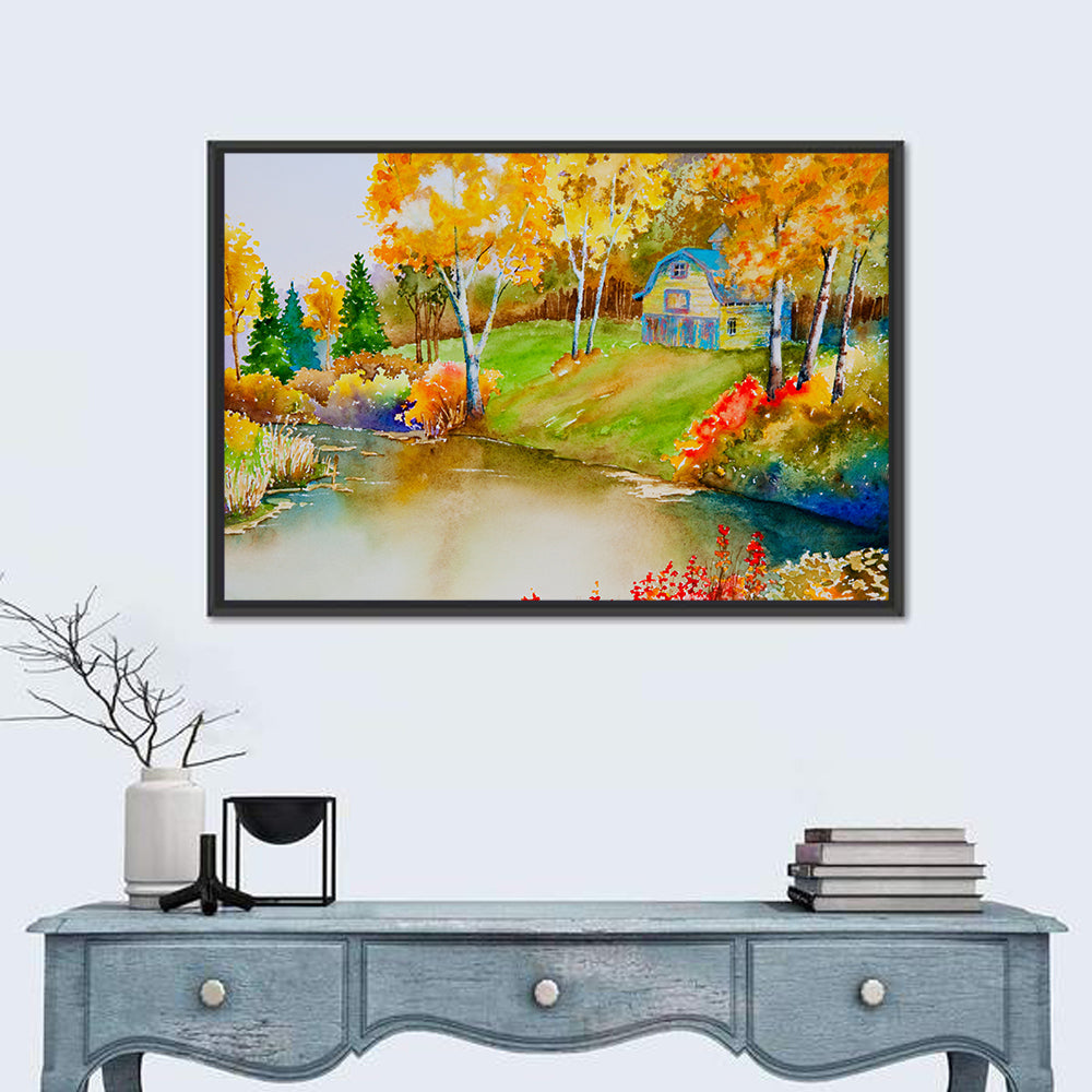 Golden Autumn Pond Landscape Wall Art in a room, landscape