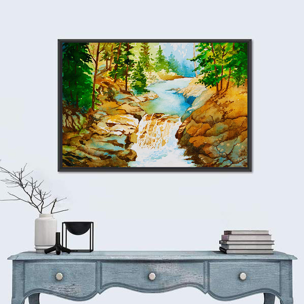 Mossy Forest Waterfall Wall Art