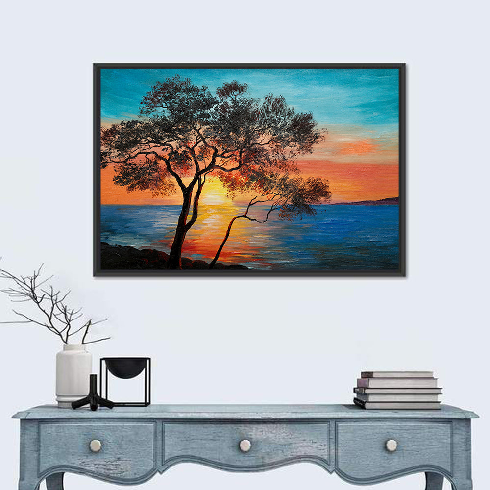 Lake Sunset with Twin Tree Silhouettes Wall Art in a room, landscape