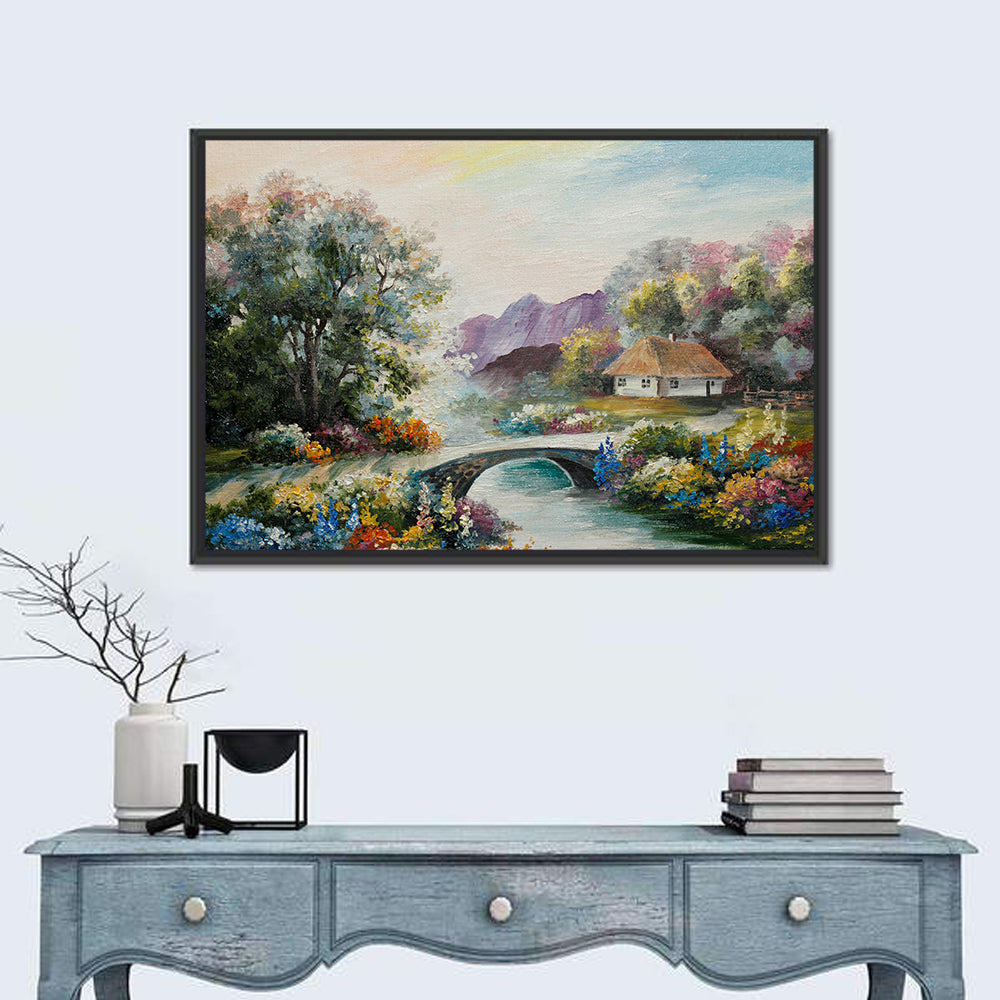 Thatched Cottage with Stone Bridge Wall Art in a room, landscape