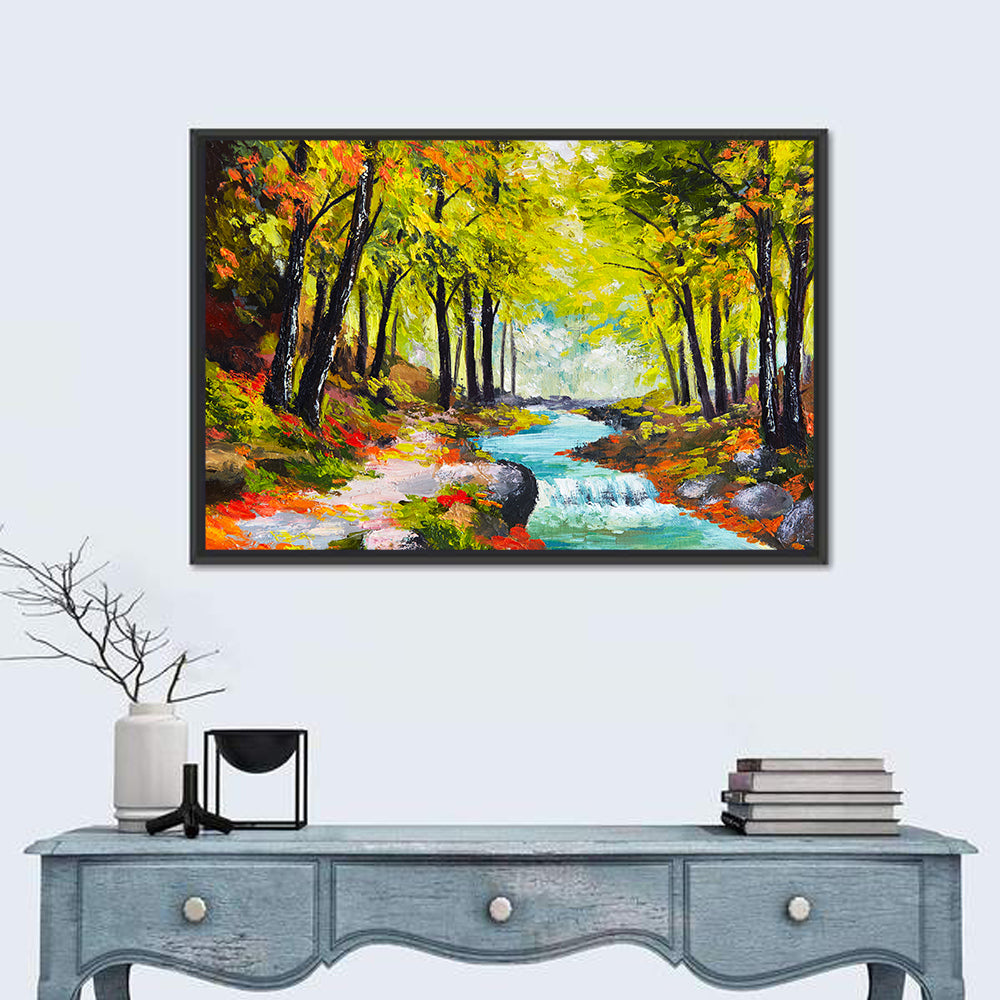 Winding Autumn Stream with Waterfall Wall Art in a room, landscape