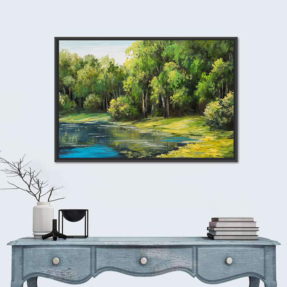 Tranquil Forest Lake Wall Art in a room, landscape