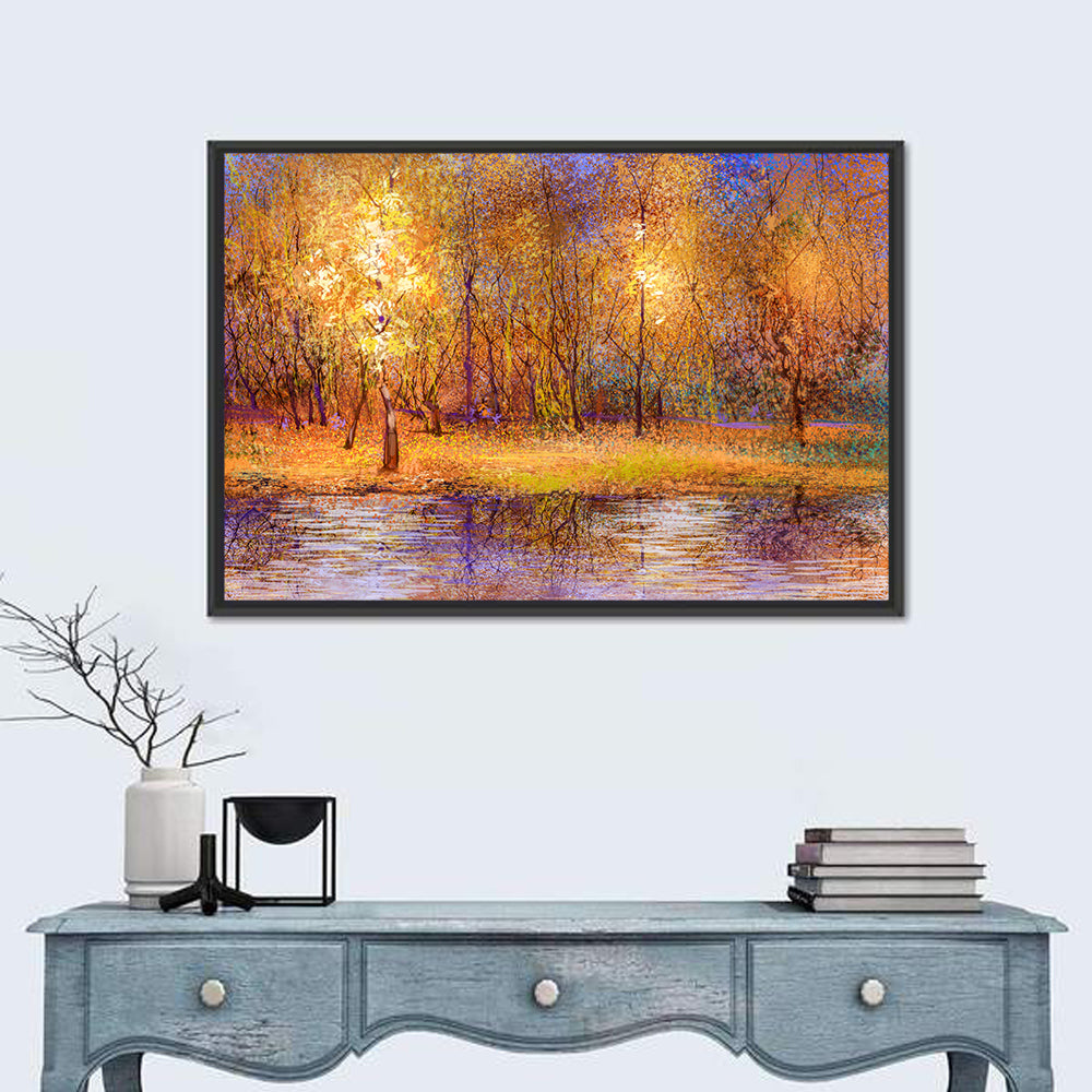 Autumn Lake Reflection Wall Art in a room, landscape