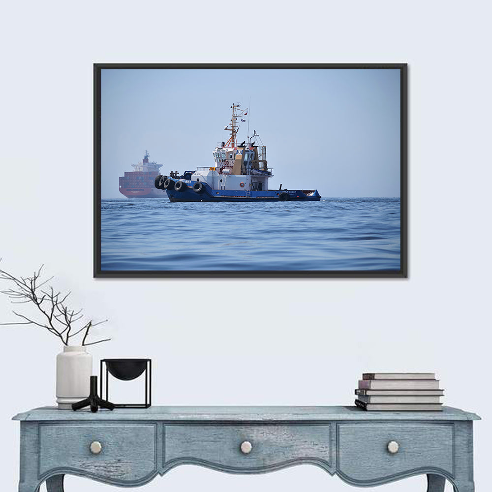 Tugboat Off Valparaiso Coast Wall Art in a room, landscape