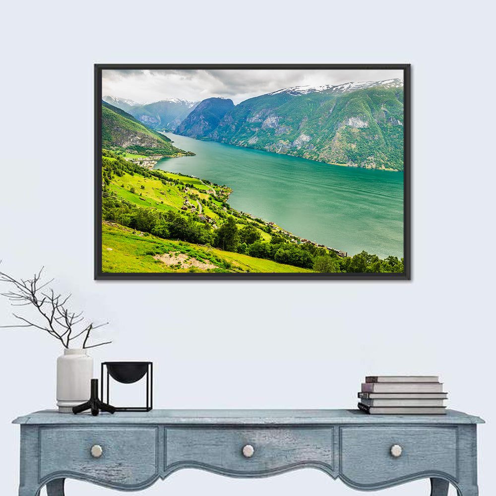 Aurlandsfjord Valley Panorama Wall Art in a room, landscape