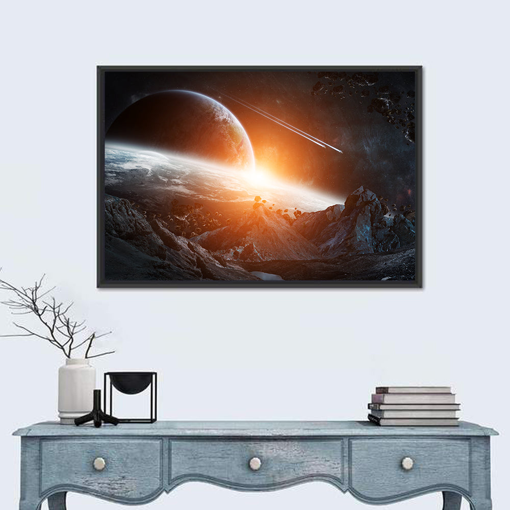 Gigantic Asteroids Over Ringed Planet Wall Art