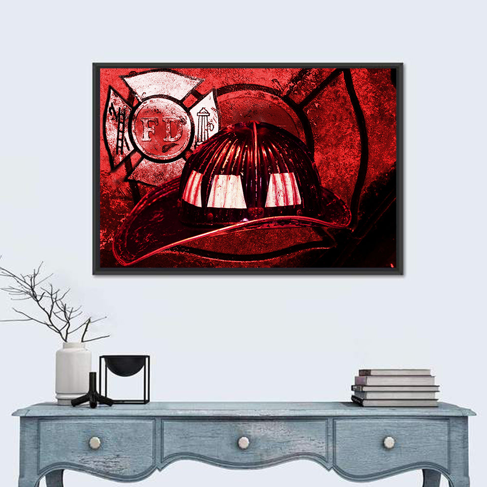 Vintage Fire Helmet with Maltese Cross Wall Art in a room, landscape