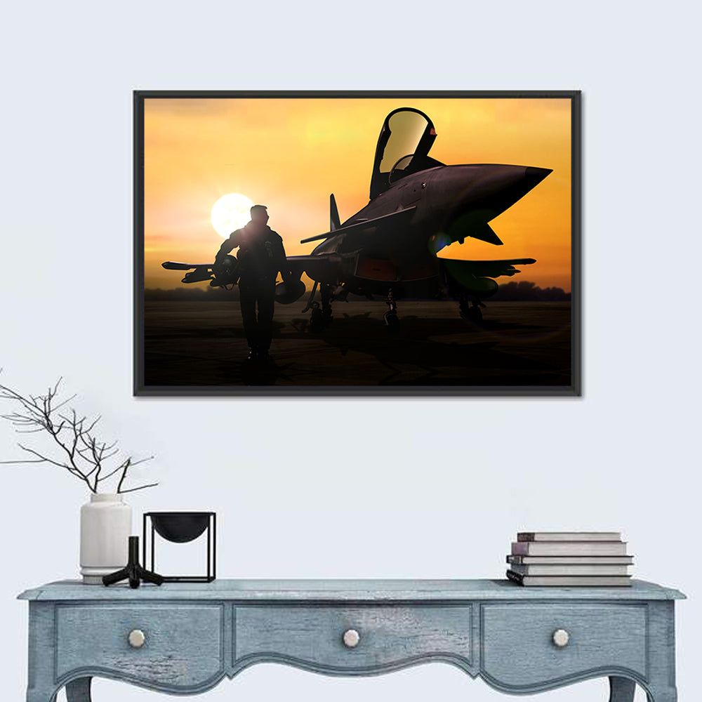 Pilot and Fighter Jet at Sunset Wall Art in a room, landscape