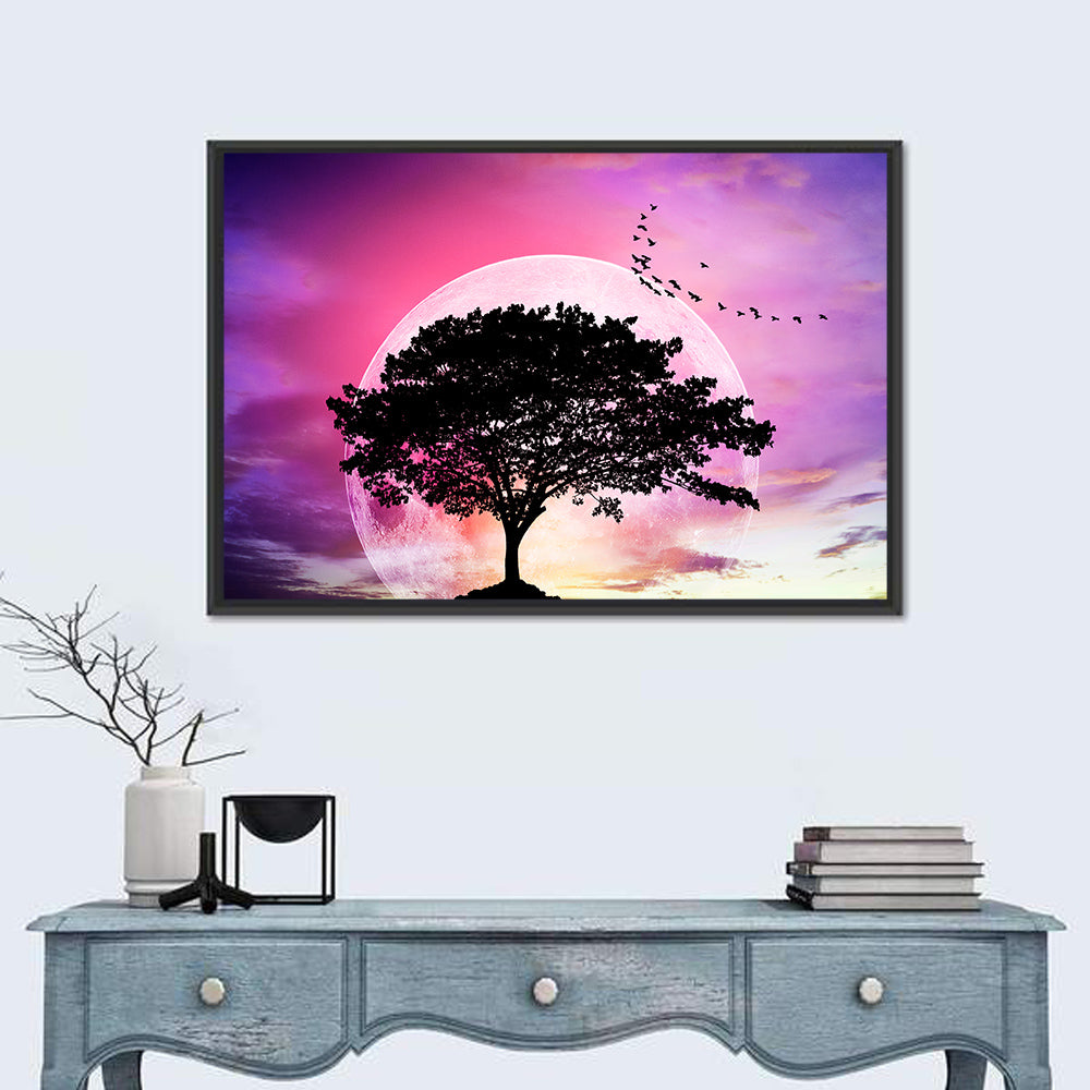 Tree Beneath Twilight Moon Wall Art in a room, landscape