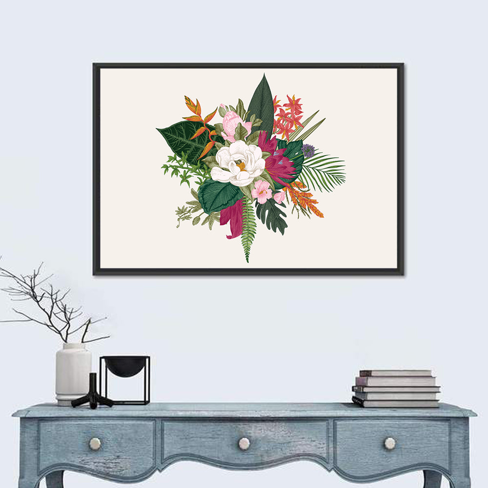 Tropical Bouquet with White Flower Wall Art in a room, landscape