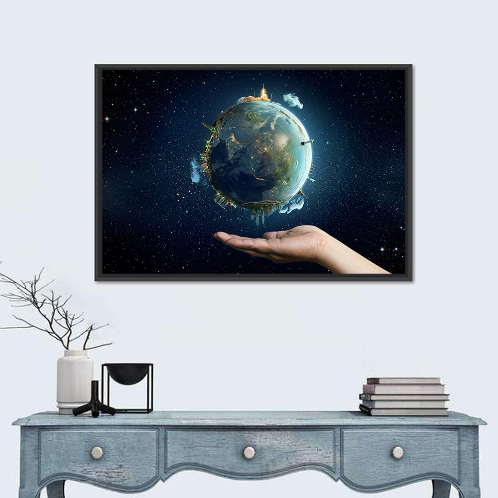Earth Cradled in Palm with City Lights Wall Art in a room, landscape