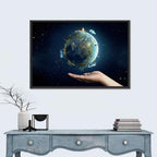 Earth Cradled in Palm with City Lights Wall Art