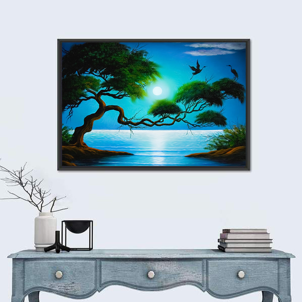 Moonlit Coastal Tree Wall Art in a room, landscape