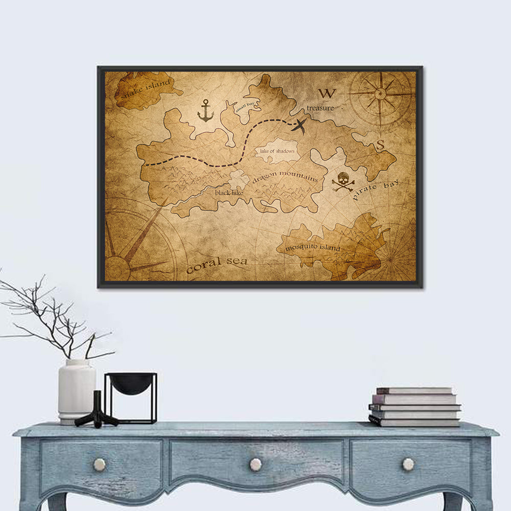 Vintage Pirate Treasure Map Wall Art in a room, landscape