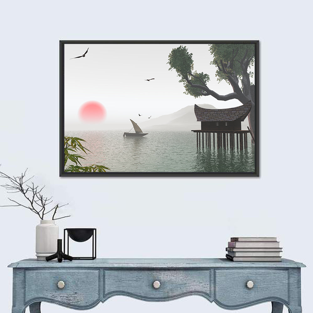 Red Sun Over Japanese Lake Wall Art in a room, landscape