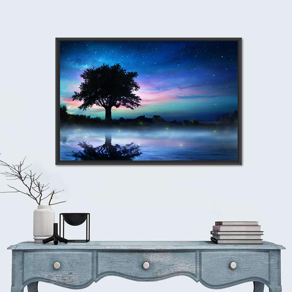 Lonely Tree Under Starry Sky Wall Art in a room, landscape