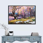 Autumn Lakeshore with Pink Foliage Wall Art