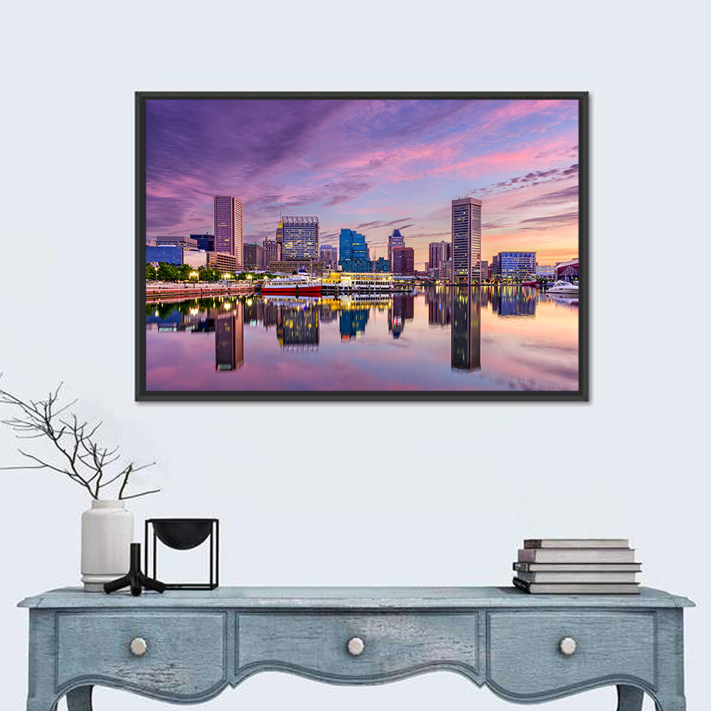 Baltimore Inner Harbor Skyline Wall Art in a room, landscape