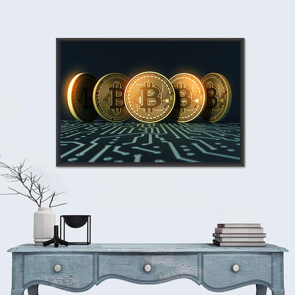 Five Golden Bitcoins on Circuit Board Wall Art in a room, landscape
