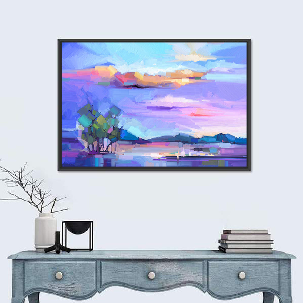 Dusk Lake Reflection Wall Art in a room, landscape