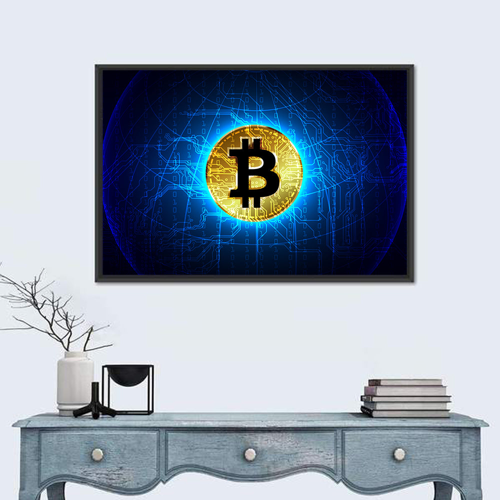 Golden Bitcoin Globe Wall Art in a room, landscape