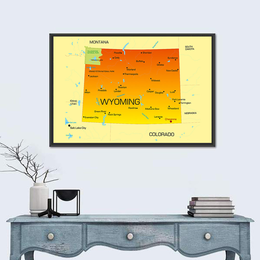 Wyoming Map in Yellow and Orange Wall Art in a room, landscape