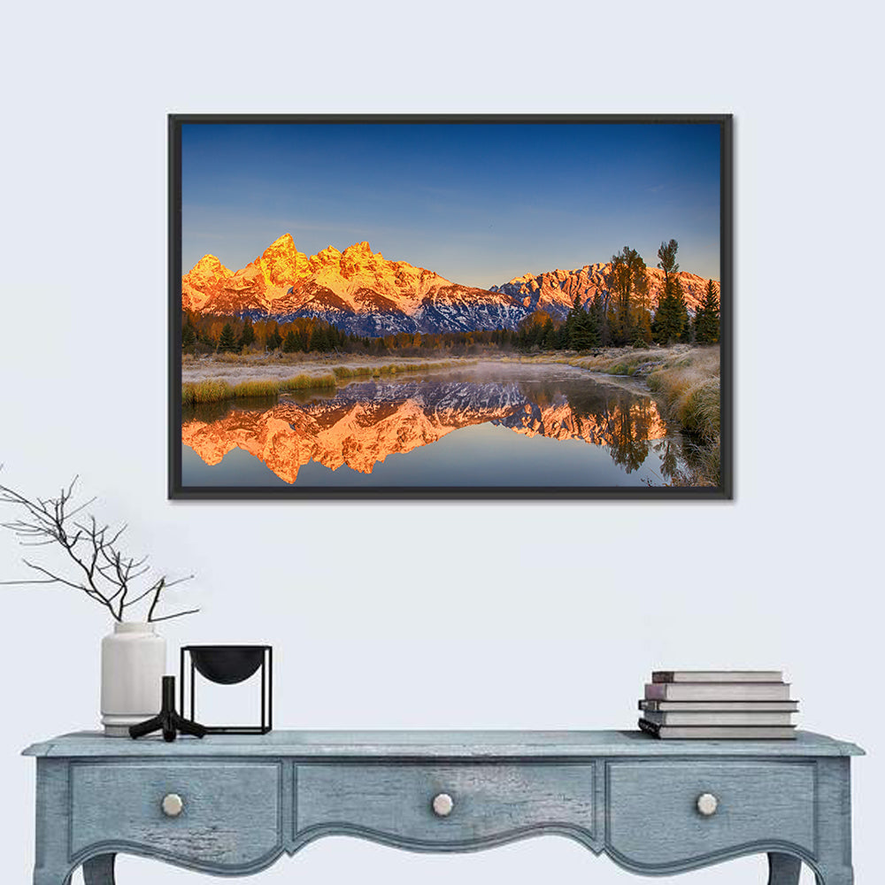 Grand Teton Sunrise Reflection Wall Art in a room, landscape