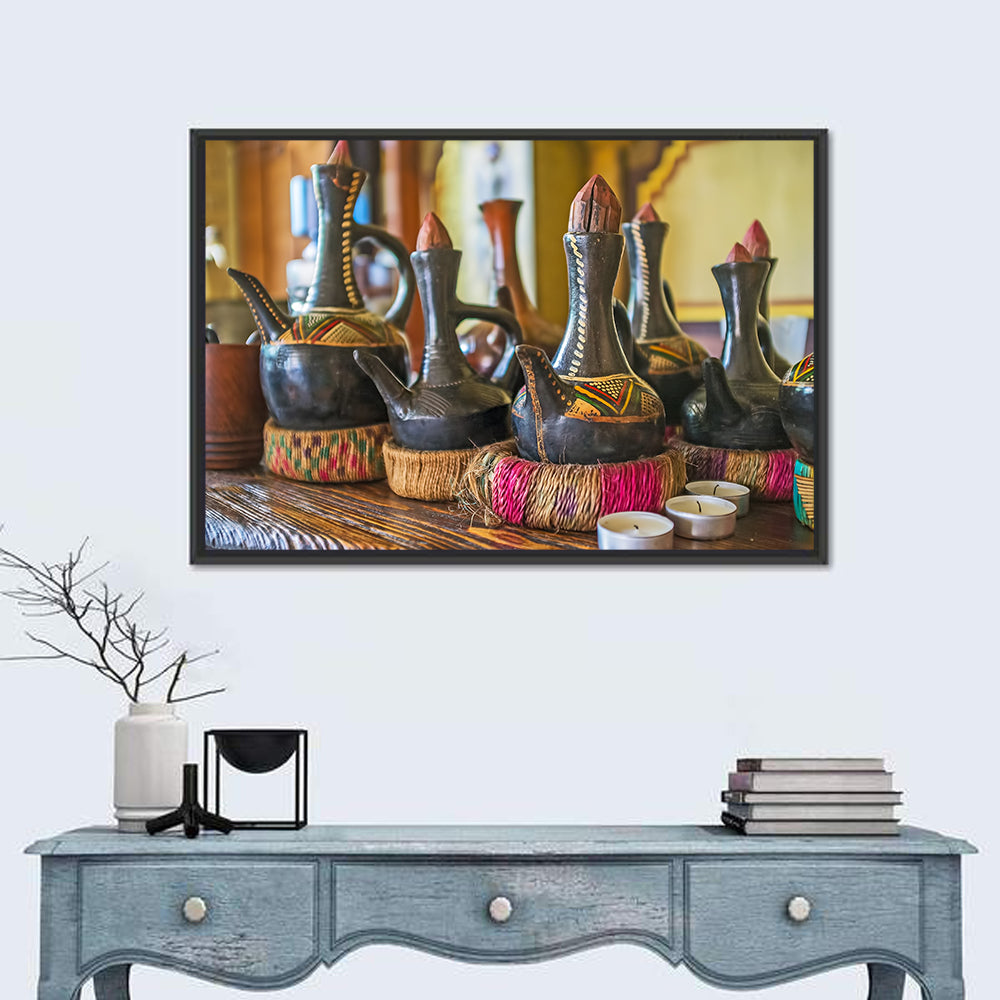 Clay Pots on African Cafe Counter Wall Art in a room, landscape