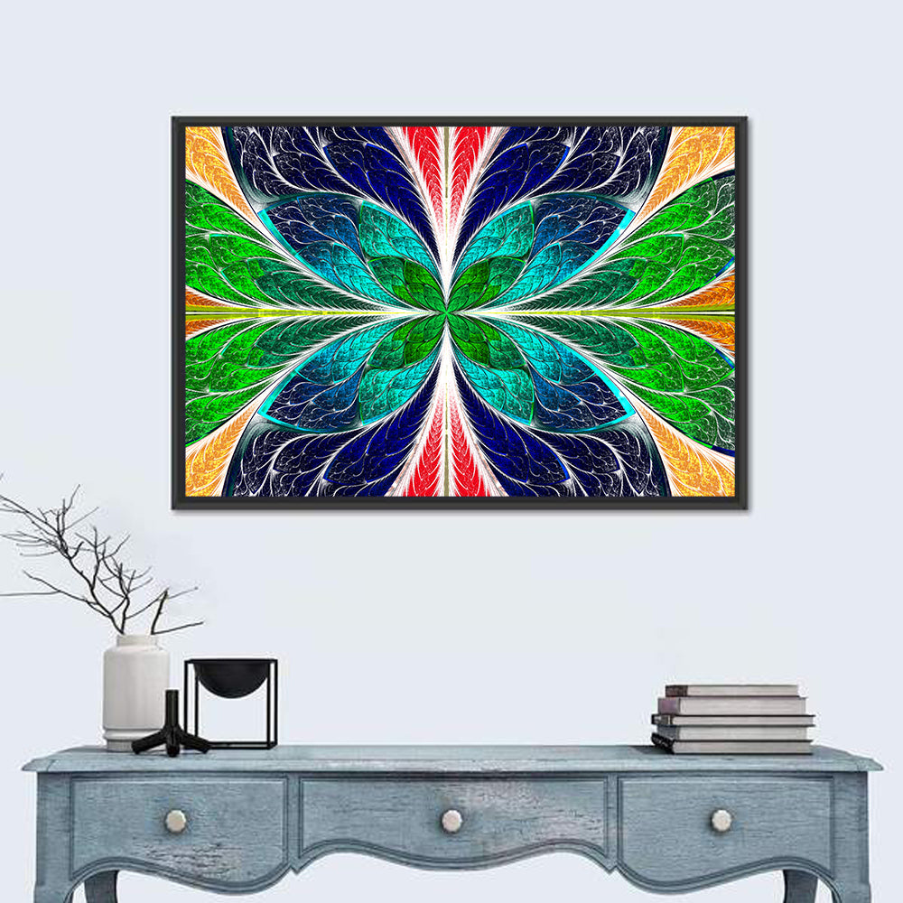 Stained Glass Fractal Floral Pattern Wall Art in a room, landscape