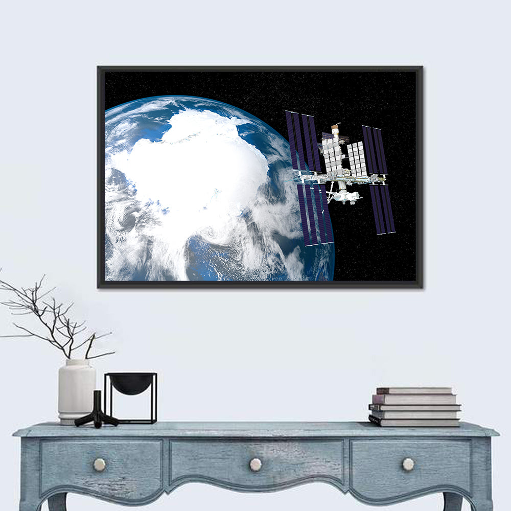 Iss Over Antarctica Wall Art in a room, landscape