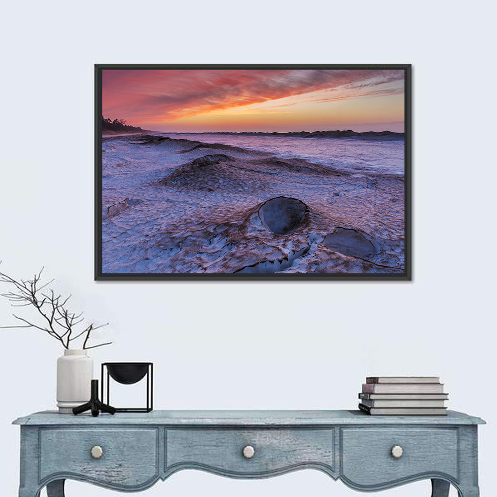 Lake Huron Twilight Shoreline Wall Art in a room, landscape