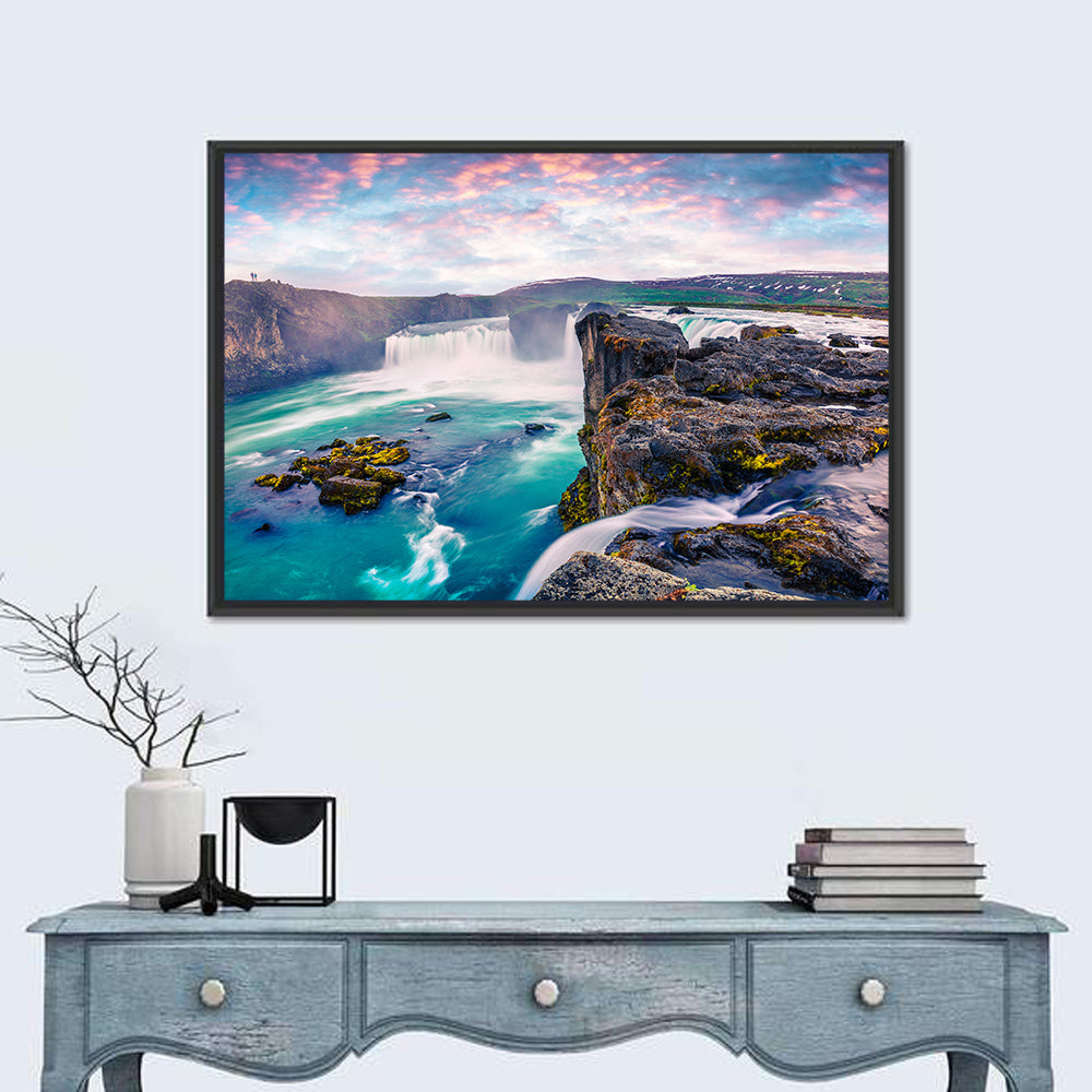 Goðafoss Waterfall at Dusk Wall Art in a room, landscape