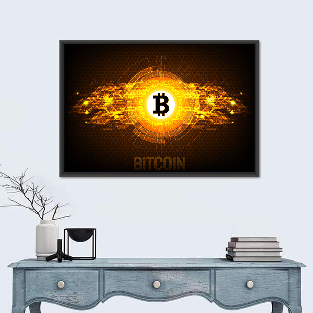 Futuristic Bitcoin Circuit Wall Art in a room, landscape