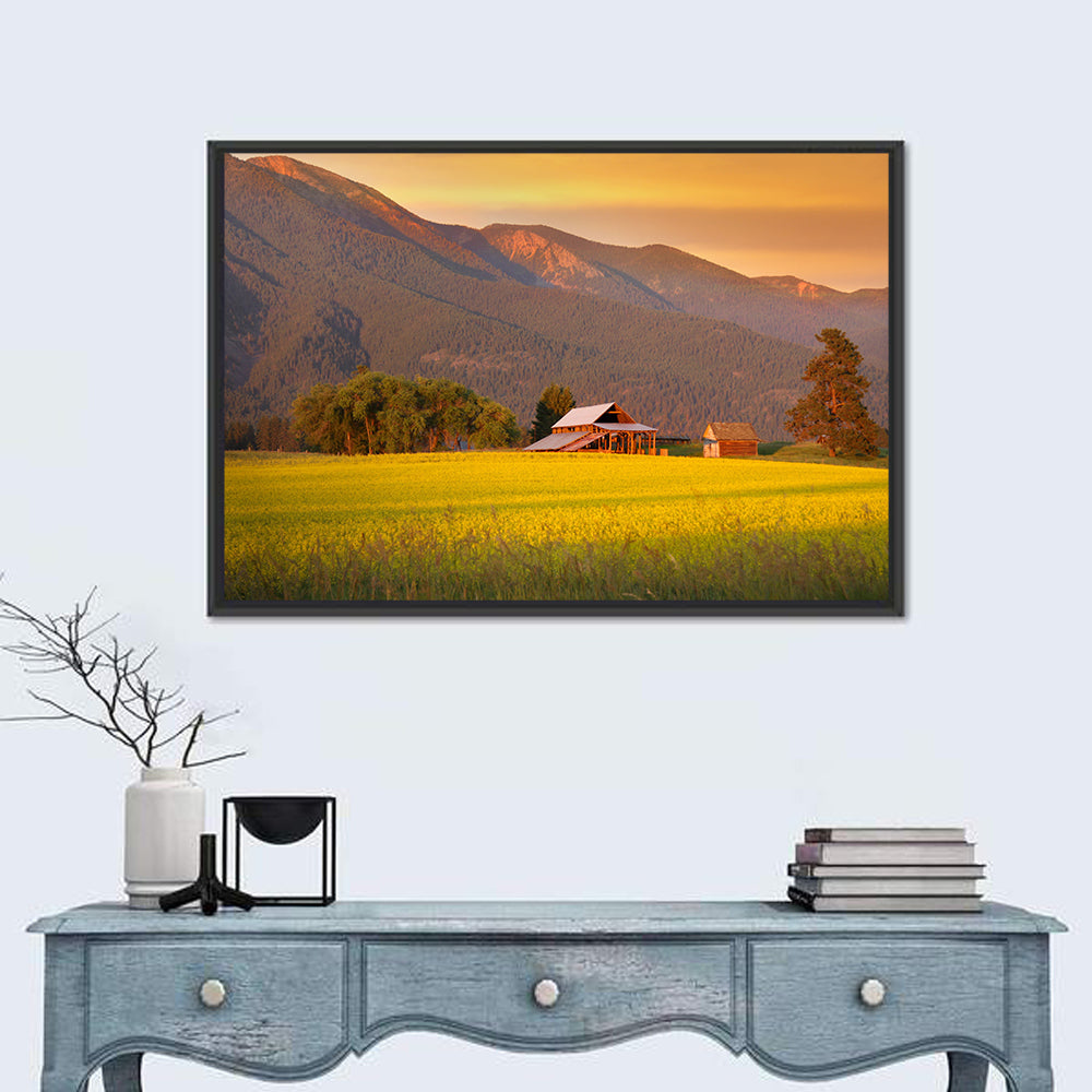 Rapeseed Field and Barn at Golden Hour Wall Art