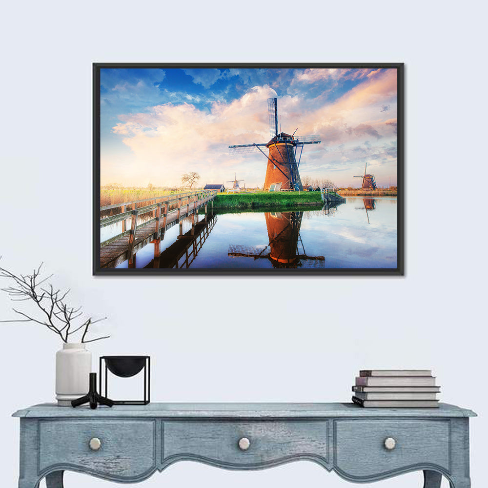 Kinderdijk Windmills at Golden Hour Wall Art in a room, landscape